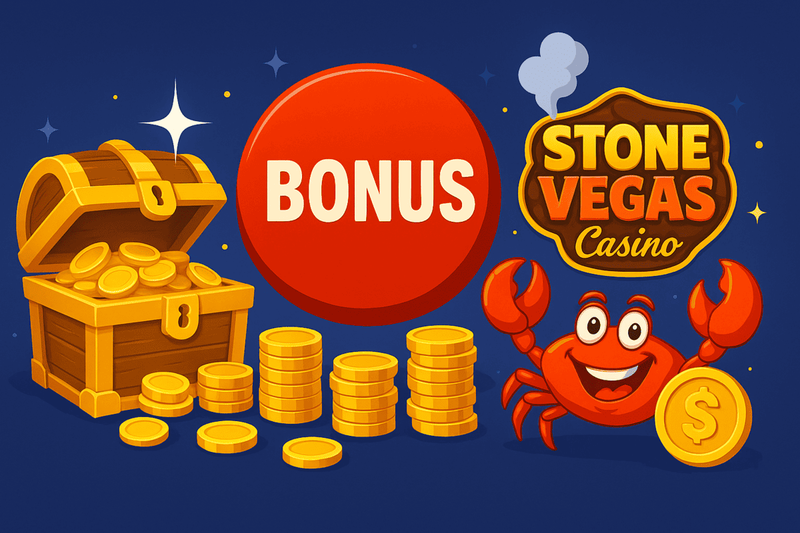 Bonus-Angebot im StoneVegas Casino mit Schatztruhe und Krabbe
